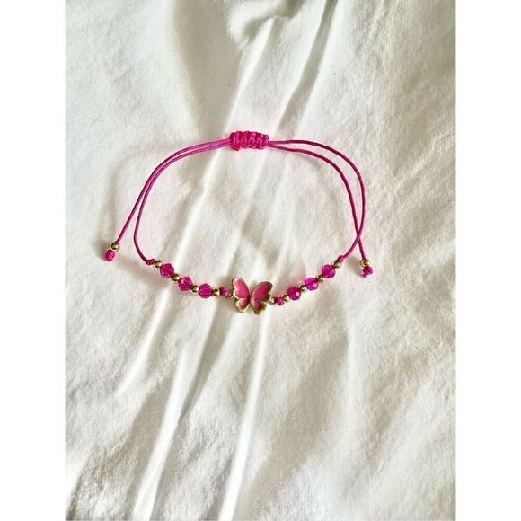 Hot Pink butterfly beaded friendship bracelet - Picture 1 of 2